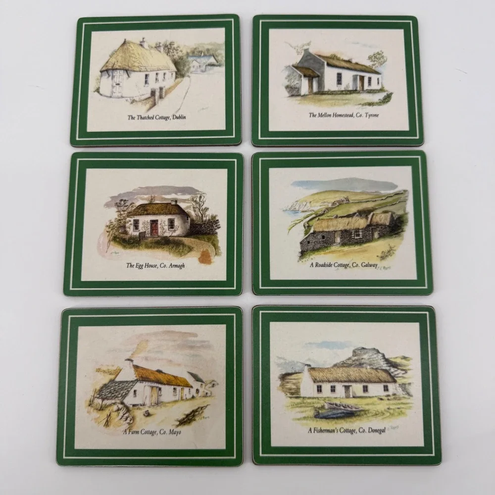 Lucan Designers Coaster Set Green Illustrated Cork Irish Cottages 6pc